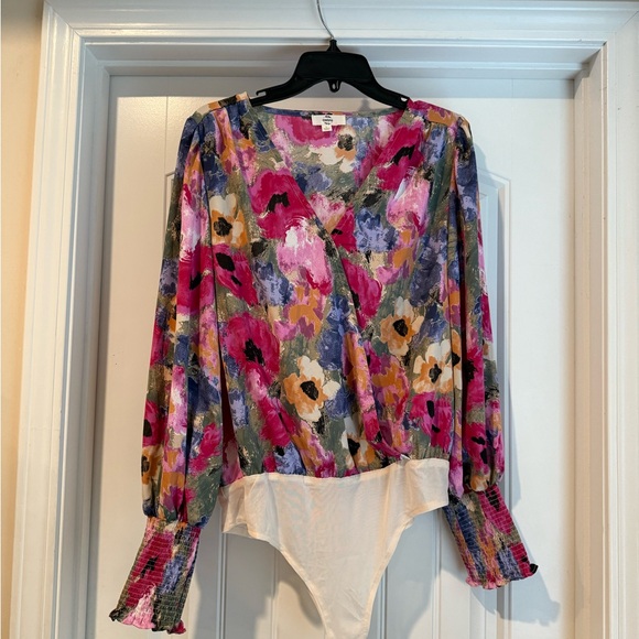 entro | Tops | Entro Pink And Red Wrap Bodysuit With Ruffled Sleeves ...